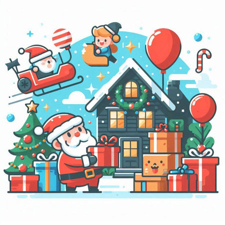 Christmas and New Year vector illustration. Santa Claus with presents and sleigh on the background of the house and Christmas tree.のイラスト素材
