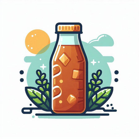 Bottle of juice with ice cubes and leaves. Vector illustration.のイラスト素材