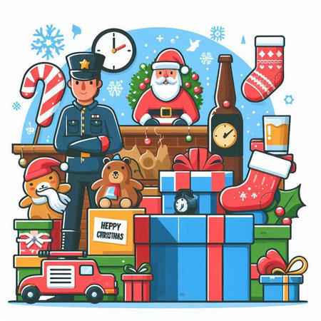 Christmas and New Year greeting card with Santa Claus, snowman, elf, elf, gifts, candies, ice cream. Vector illustration.のイラスト素材