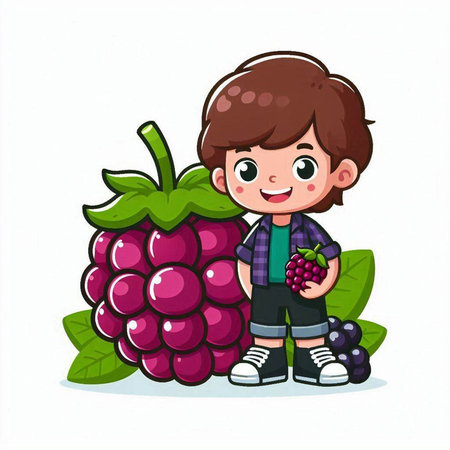 Cute little boy holding bunch of blackberries. Vector illustration.のイラスト素材