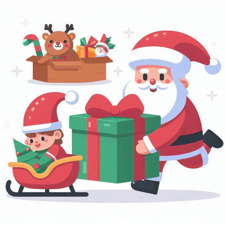 Santa Claus and elf with gift boxes. Christmas and New Year vector illustration.のイラスト素材