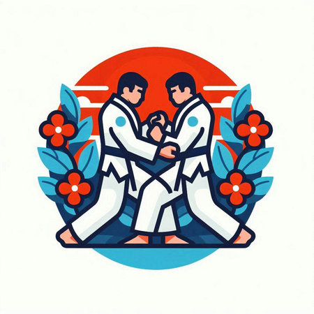 Martial arts emblem. Two men in kimono with a child.のイラスト素材