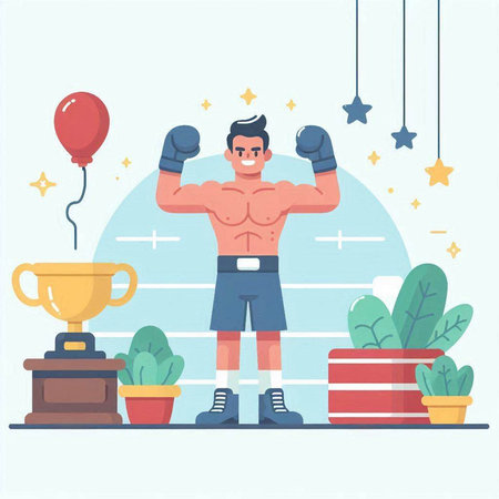 Muscular man with boxing gloves in the gym. Flat vector illustration.のイラスト素材