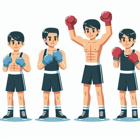 Cartoon boxer set. Vector illustration of boxer in different poses.のイラスト素材