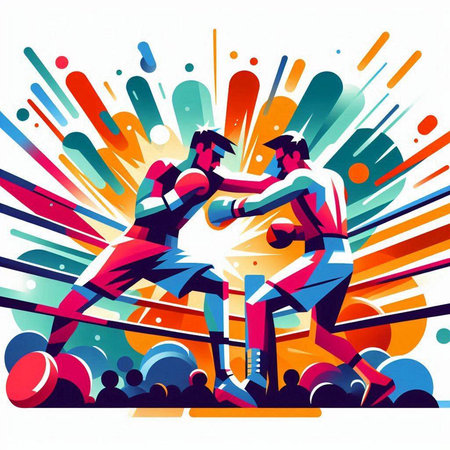 Vector illustration of two young men boxing in the ring with colorful backgroundのイラスト素材