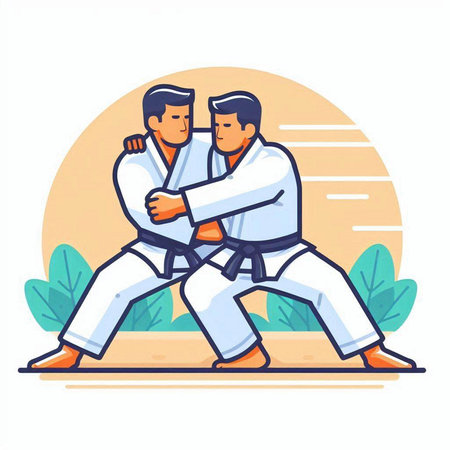 Tae Kwon Do or Karate sport vector illustration. Two men in kimono fighting.のイラスト素材