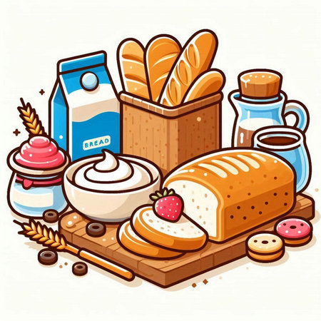 Vector illustration of a set of different types of bread and breakfast.のイラスト素材