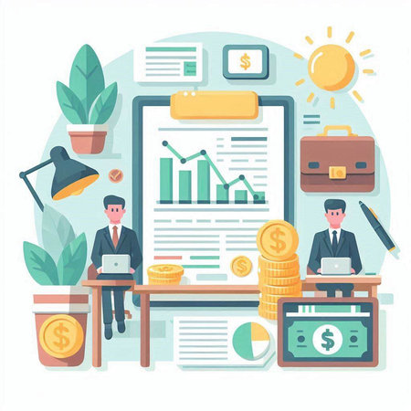 Businessman sitting at desk with laptop and financial charts. Flat vector illustration.のイラスト素材