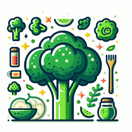 Cute vector illustration of broccoli in flat line style. Healthy food.のイラスト素材