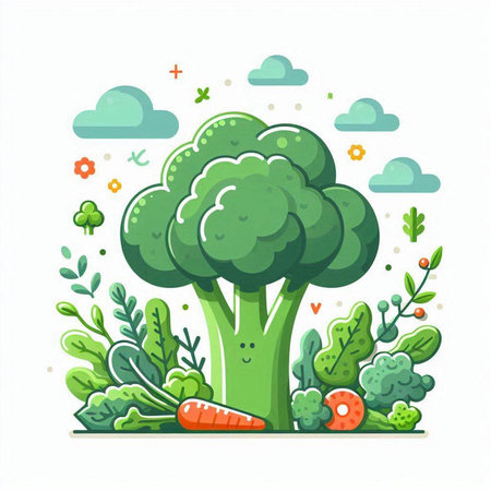 Vector illustration of broccoli and carrot. Flat style. Vegetarian food.のイラスト素材
