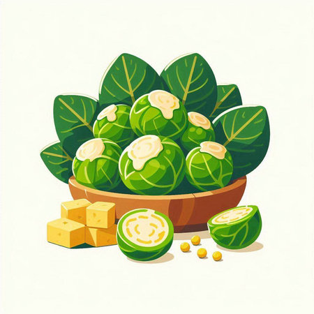 Illustration of brussels sprouts with green leaves and pieces of cheeseのイラスト素材