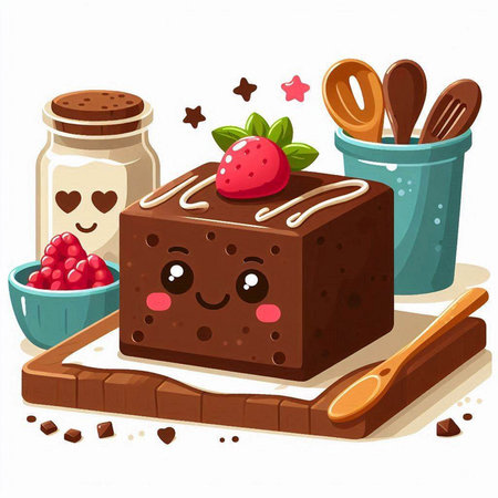 Cute chocolate cake with strawberry and ice cream. Cartoon vector illustration.のイラスト素材