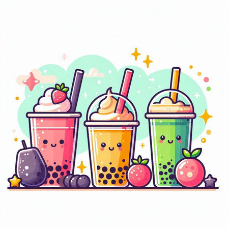 Fruit smoothies in colorful cups with straws. Vector illustration.のイラスト素材