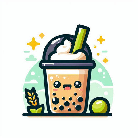 Funny bubble tea with whipped cream, vector illustration in flat styleのイラスト素材