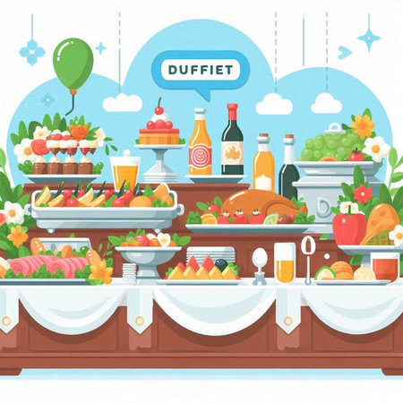 Catering buffet with food and drinks, flat vector illustration.のイラスト素材