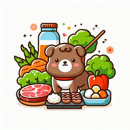 Cute dog eating healthy food. Vector illustration in cartoon style.のイラスト素材