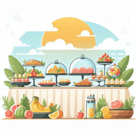 Catering buffet with fruits and vegetables, flat vector illustration.のイラスト素材