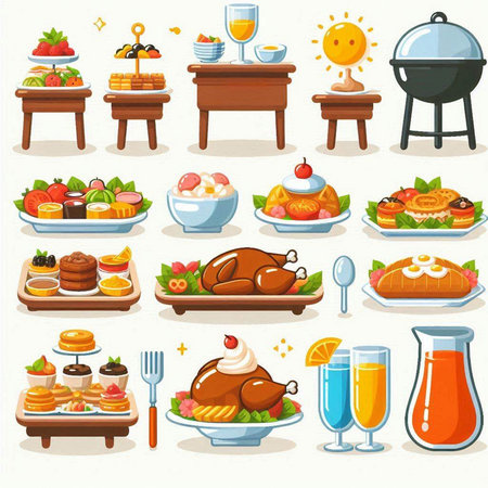 Set of food and drinks icons. Vector illustration in cartoon style.のイラスト素材