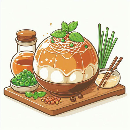 Illustration of a Japanese dessert on a wooden board with chopsticksのイラスト素材