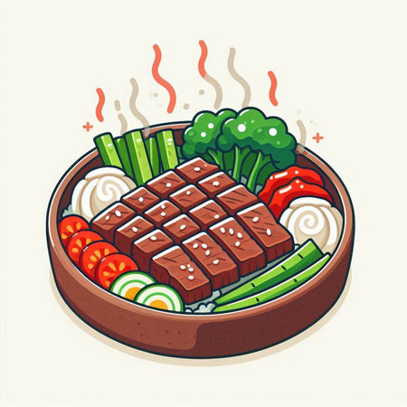 Illustration of a bowl of Japanese hot pot with beef and vegetablesのイラスト素材