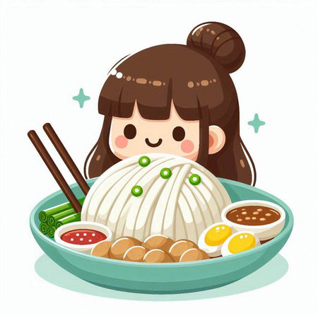 Illustration of a Girl Enjoying Her Rice Bowl with Dipping Sauceのイラスト素材
