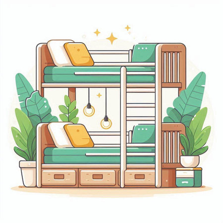 Bunk bed with pillows and cushions. Flat vector illustration.のイラスト素材