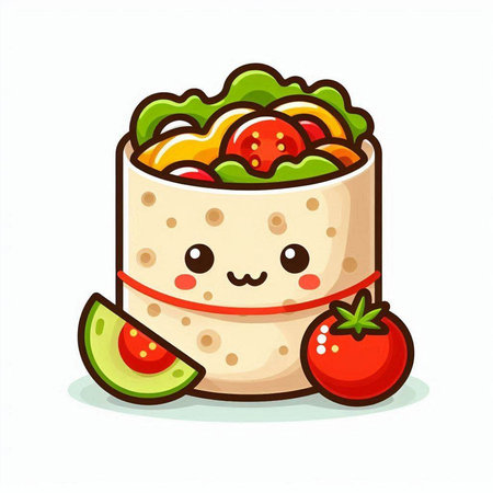 Kawaii funny tortilla character with tomato and avocado isolated on whiteのイラスト素材