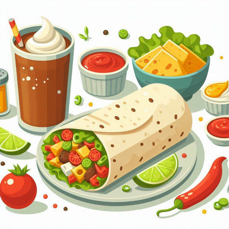 Tortilla with meat, vegetables and sauce. Vector illustration.のイラスト素材