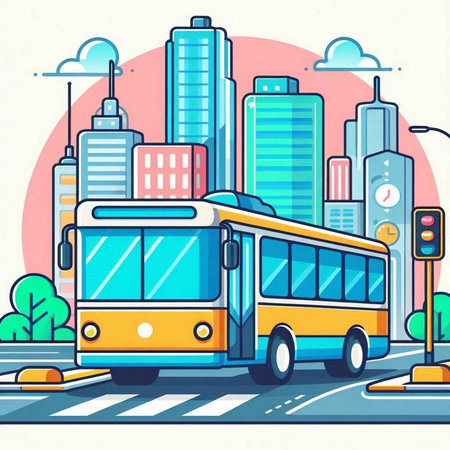 Bus on the city street. Vector illustration in flat design style.のイラスト素材