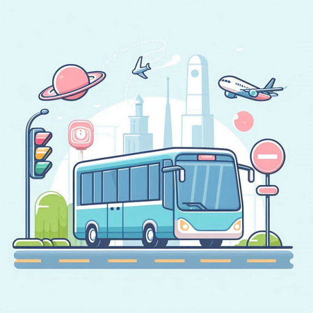 Public transport concept. Bus, plane, traffic lights, road signs. Vector illustrationのイラスト素材