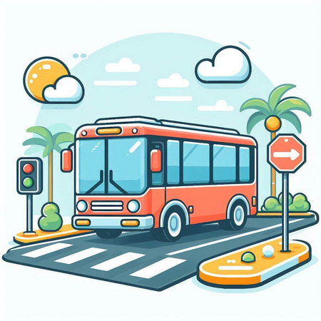Bus on the road. Vector illustration in flat cartoon style. Isolated on white background.のイラスト素材