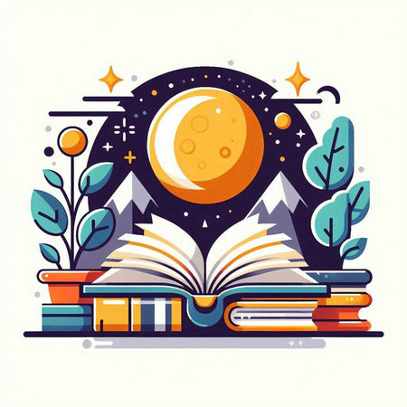 Open book, stack of books and moon. Vector illustration in flat style.のイラスト素材