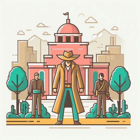 Vector illustration of a man in a cowboy hat walking in the city.のイラスト素材
