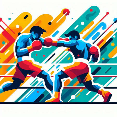 Boxing match vector illustration, colorful background with man and woman boxing.のイラスト素材