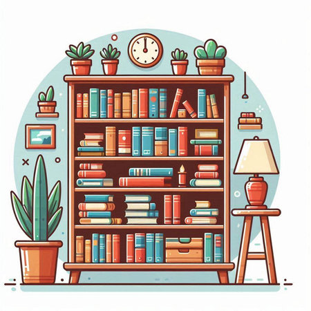 Bookshelf with books and decorations in flat style. Vector illustration.のイラスト素材