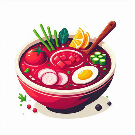 Borscht soup with meat, vegetables and egg. Vector illustration.のイラスト素材