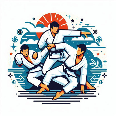 Vector illustration of a group of people practicing karate in the parkのイラスト素材