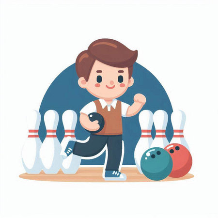 Cute little boy playing bowling. Vector illustration in cartoon style.のイラスト素材