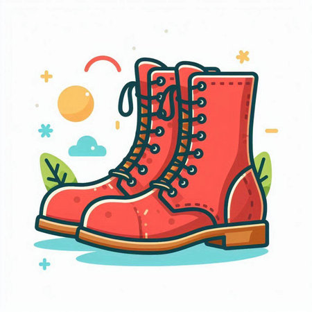 Vector illustration of red boots in flat style on white background. Hand drawn footwear.のイラスト素材