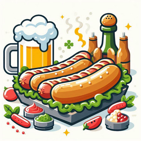 Illustration of a hot dog with beer in a glass and ingredientsのイラスト素材