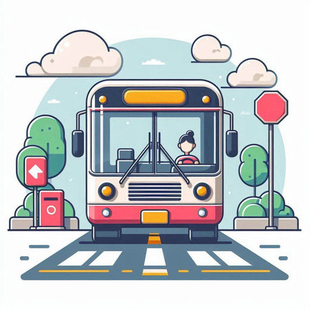 Bus on the road. Vector illustration in flat style. Isolated on white background.のイラスト素材