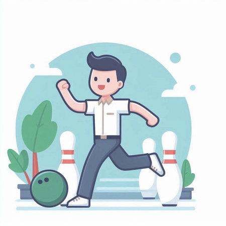 Man playing bowling in the park. Vector illustration in cartoon style.のイラスト素材
