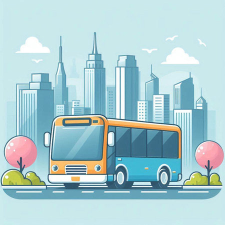 Bus on the road in the city. Urban landscape. Vector illustration.のイラスト素材