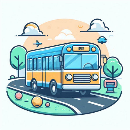 Vector illustration of school bus on the road. Line art design for web, site, advertising, banner, poster, board and print.のイラスト素材