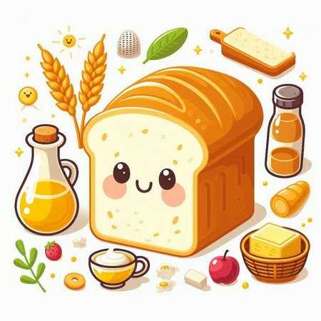Vector illustration of cute cartoon bread character with various food and ingredients.のイラスト素材
