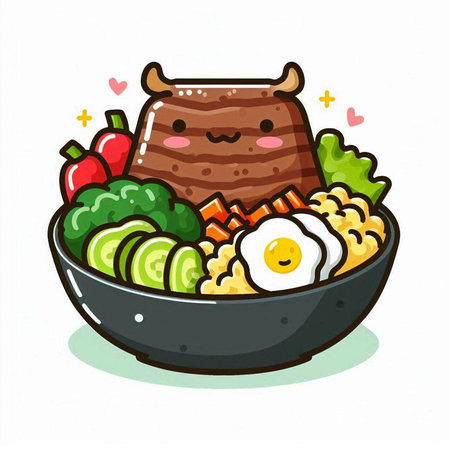 Kawaii kawaii fried pork with rice bowl. Vector illustration.のイラスト素材