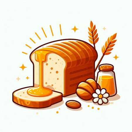 Vector illustration of a loaf of bread with honey and wheat ears.のイラスト素材