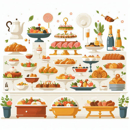 Set of bakery products on shelves. Vector illustration in flat style.のイラスト素材