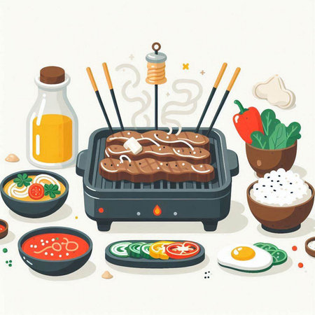 Illustration of BBQ grill with beef and vegetables. Vector illustration.のイラスト素材