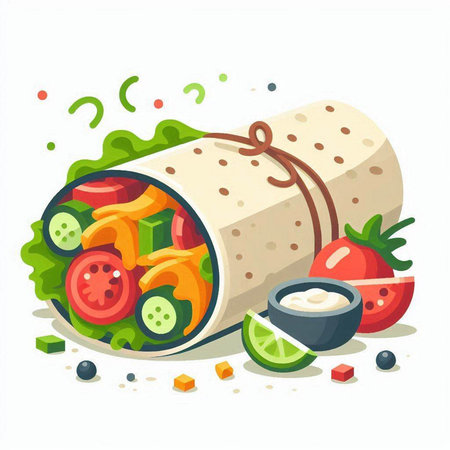Vector illustration of a tortilla wrap with vegetables, fruits and sauce on a white backgroundのイラスト素材